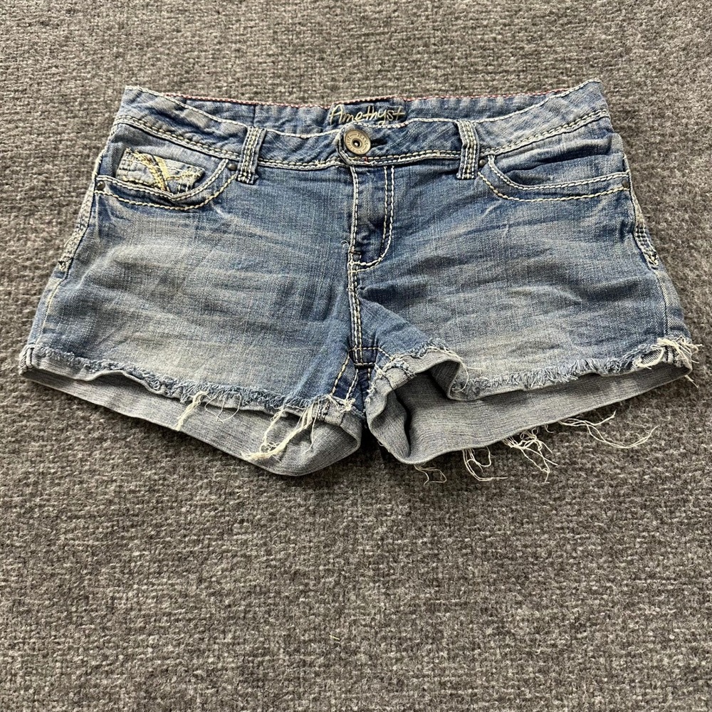 Amethyst Denim Shorts Womens Size 11 Blue Cut Off Low Rise Thick Stitch Stretch